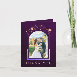 Deep Plum Celestial Sun Moon Stars Photo Wedding Thank You Card