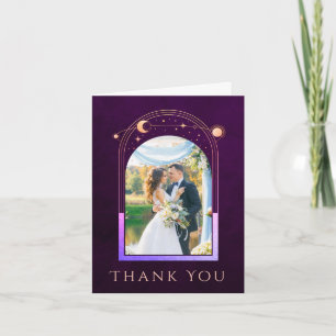 Deep Plum Celestial Sun Moon Stars Photo Wedding Thank You Card