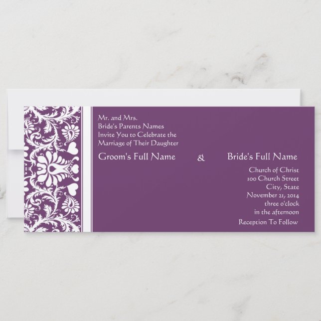 Deep Plum Damask Swirls Wedding Invitation (Front)
