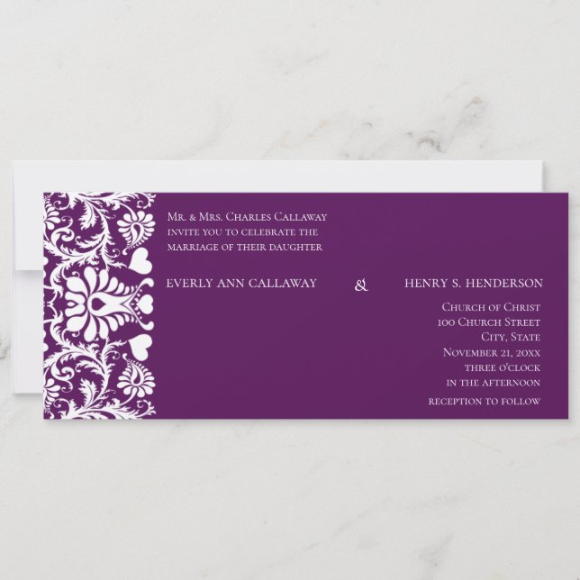 Deep Plum Damask Swirls Wedding Invitation (Front)