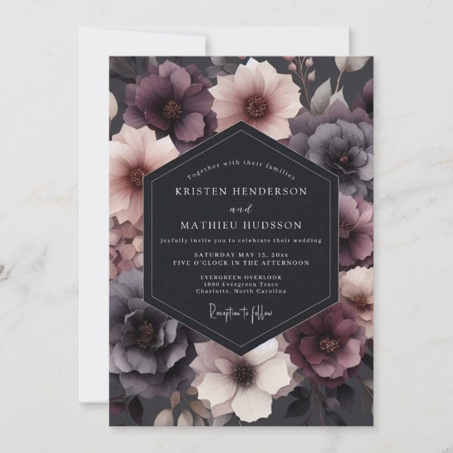 Deep Plum Floral Romance Wedding Invitation (Front)
