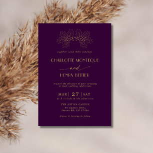 Deep Plum Gold Holly Tree Leaves Luxury Wedding Invitation