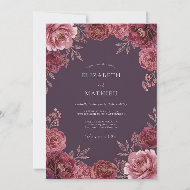 Deep Plum Graceful Autumnal Wedding Invitation (Front)