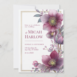 Deep Plum Hellebore Botanical Gold Frame Wedding Invitation
