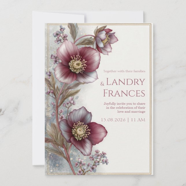 Deep Plum Hellebore Gold Glitter Frame Wedding Invitation (Front)