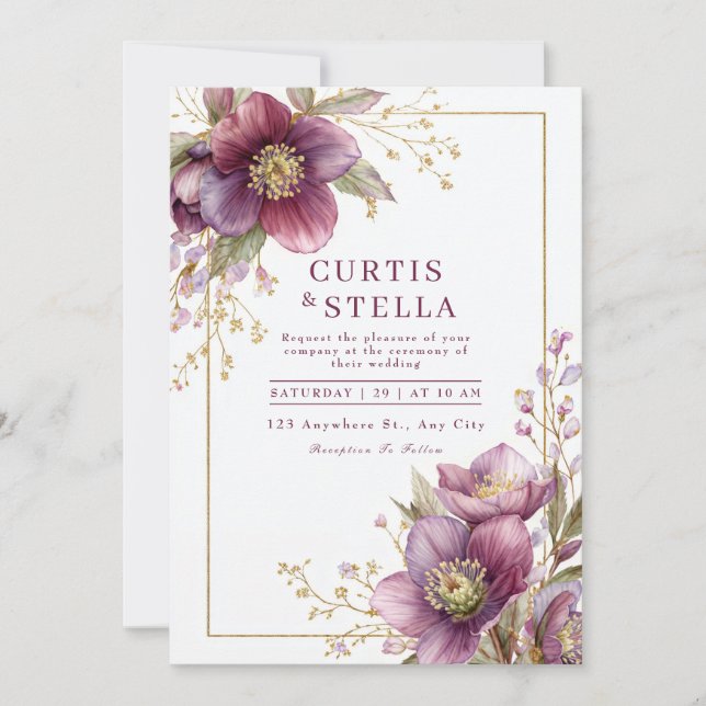 Deep Plum Hellebore Gold Glitter Garland Wedding Invitation (Front)