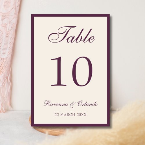 Deep Plum Ivory Old Money Black Tie Wedding Table Number