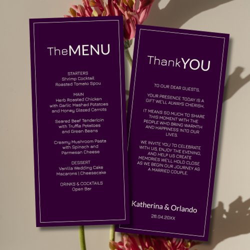 Deep Plum Old Money Wedding Menu Thank You Note