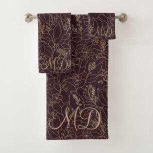 Deep Plum Purple Elegant Gold Floral Botanical Bath Towel Set