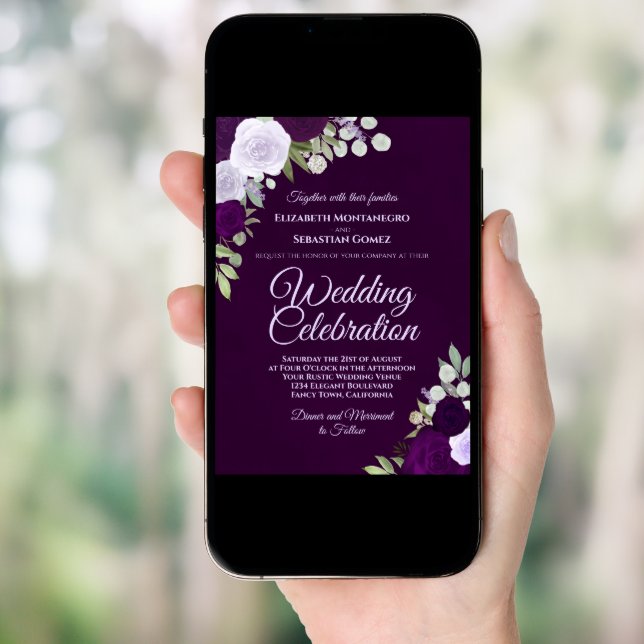 Deep Plum Purple & Lavender Boho Roses Wedding Invitation (Front Digital)