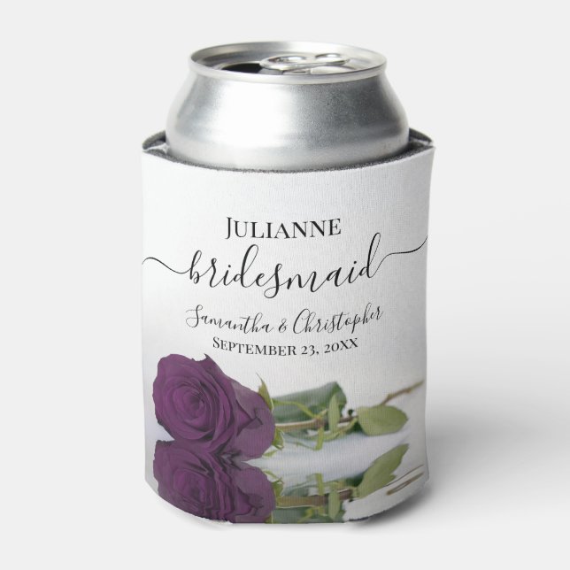 Deep Plum Purple Rose Elegant Bridesmaid Wedding Can Cooler (Can Front)