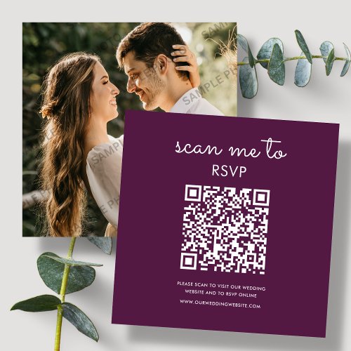 Deep Plum Purple  Wedding RSVP QR Code Enclosure Card