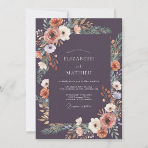 Deep Plum Ranunculus Grey Eucalyptus Wedding Invitation