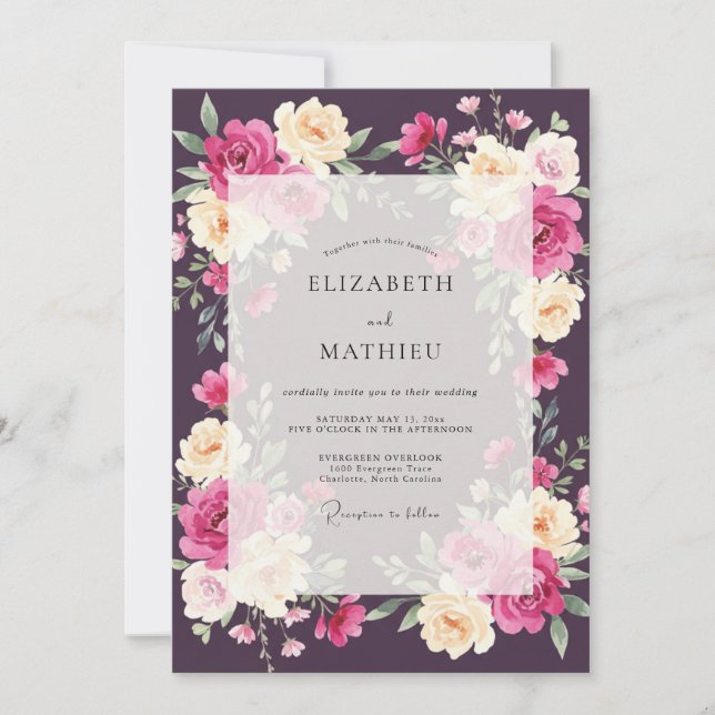 Deep Plum Ranunculus Soft Eucalyptus Wedding Invitation (Front)