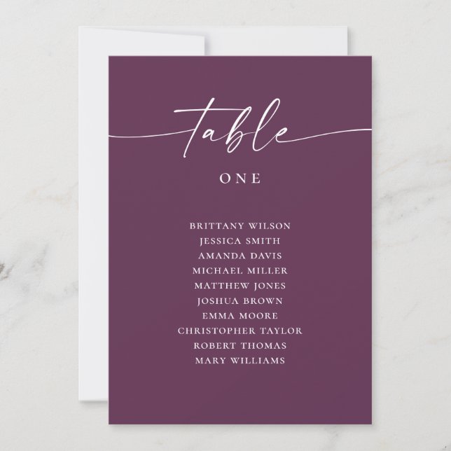 Deep Plum Script Wedding Table Seating Chart Invitation (Front)