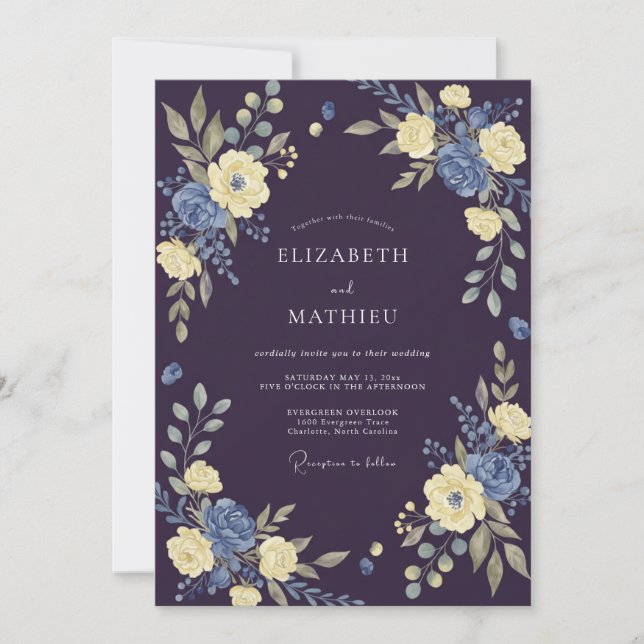 Deep Plum Yellow Leafy Wedding Invitation (Front)