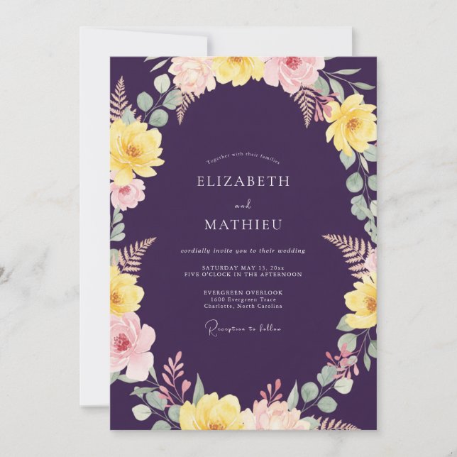 Deep Plum Yellow Painted Wedding Invitation (Front)