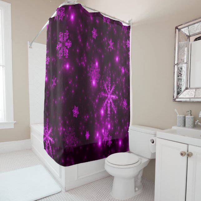 Deep Purple and Bright Snowflakes Shower Curtain (In Situ)