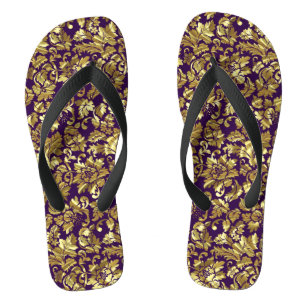 Deep Purple And Gold Floral Damasks Flip Flops