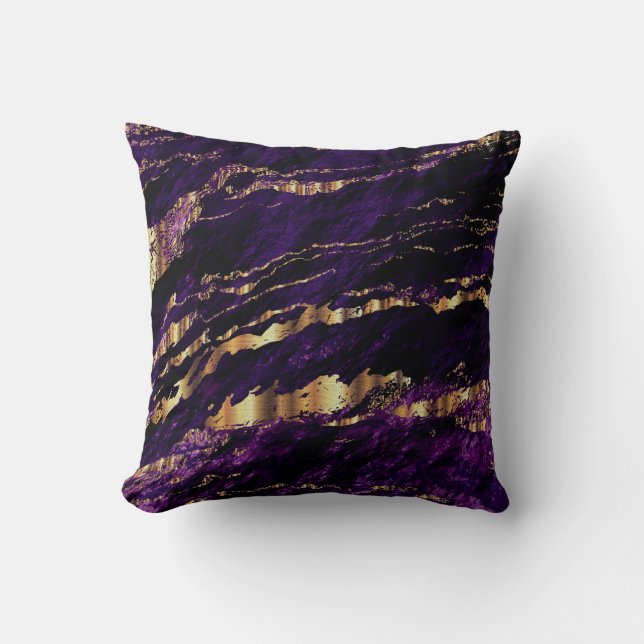 Deep Purple and Gold Marble Design Throw Pillow (Front)