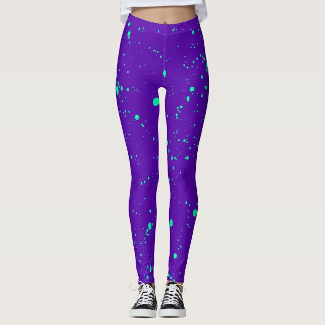 Deep Purple and Neon Green Paint Splatter Leggings (Front)