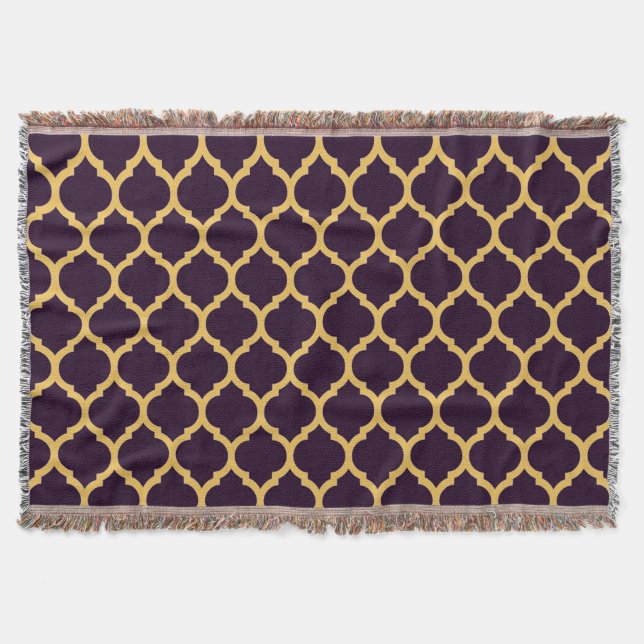 Deep Purple and Tan Moroccan Quatrefoil Pattern Throw Blanket (Front)