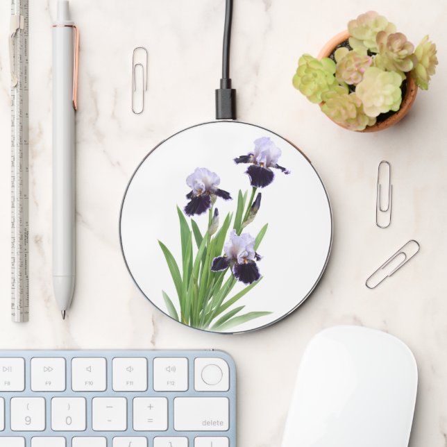 Deep Purple and White Iris Flowers Botanical Art Wireless Charger (Desk)