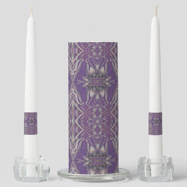 Deep Purple Art Nouveau Deco Kaleidoscopic Fractal Unity Candle Set (Front)
