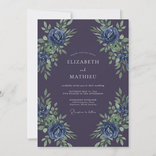 Deep Purple Blue Botanical Wedding Invitation (Front)