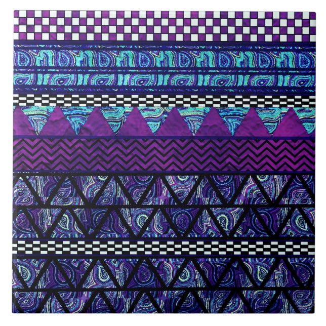 Deep Purple Boho Tribal Stripes Pattern Ceramic Tile (Front)