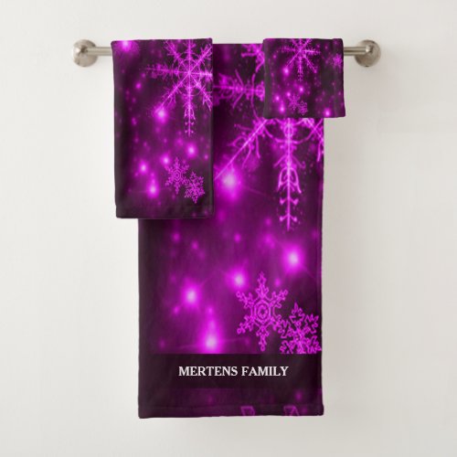 Deep Purple Bright Snowflakes Holidays Name Bath Towel Set