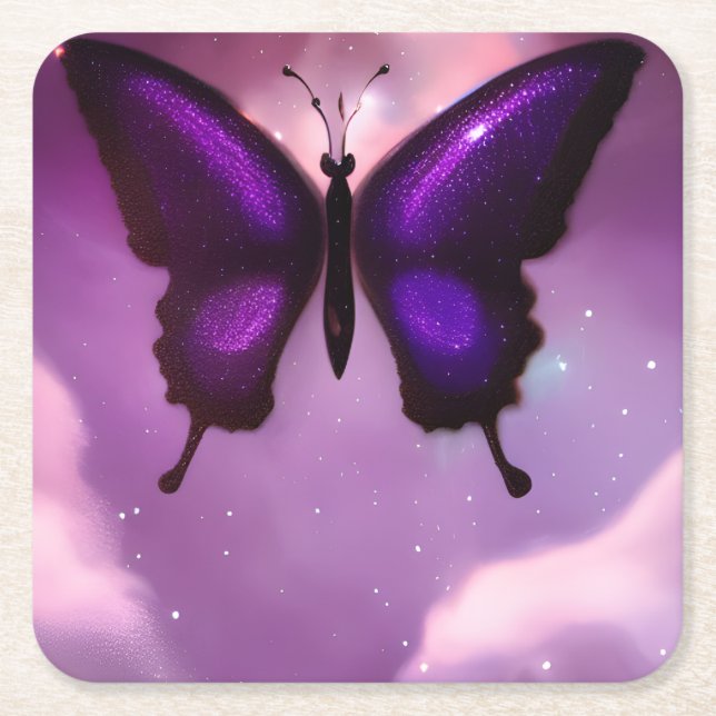 Deep Purple Butterfly Square Paper Coaster (Front)