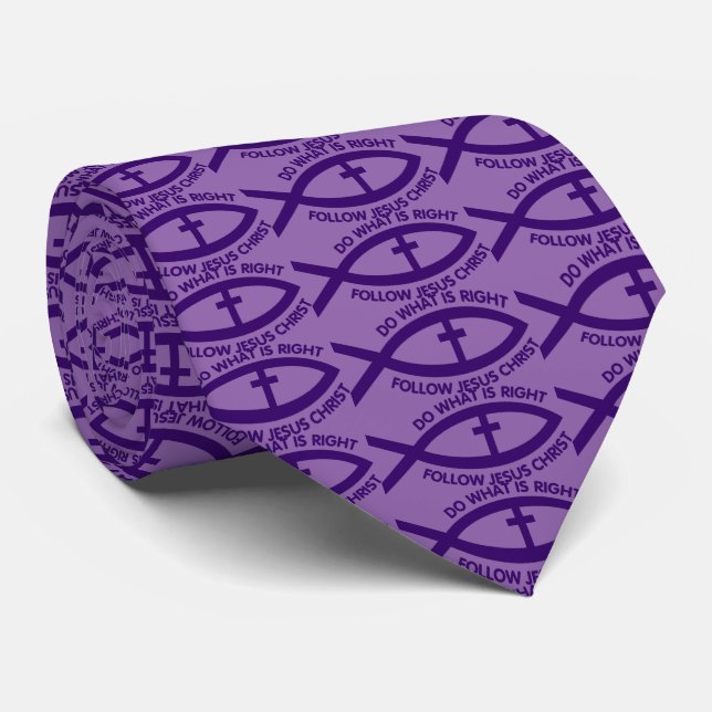 Deep Purple Christian Fish And Cross Tie (Rolled)
