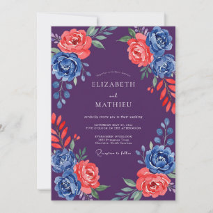 Deep Purple Coral Cobalt Bloom Wedding Invitation