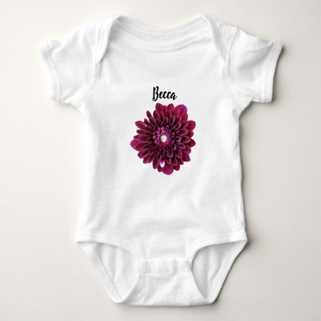 Deep Purple Dahlia Flower Personalized Baby Bodysuit (Front)