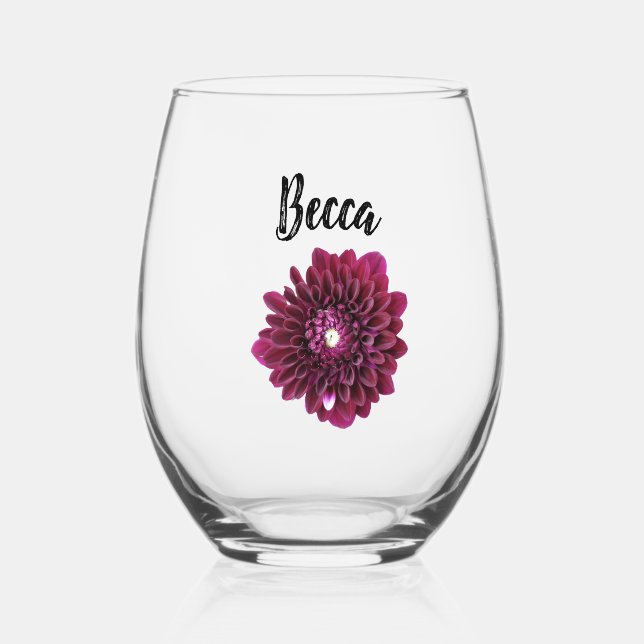 Deep Purple Dahlia Flower Personalized Stemless Wine Glass (Front)