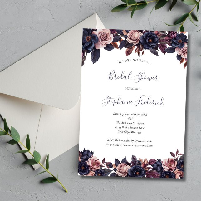 Deep Purple Dusty Rose Moody Florals Bridal Shower Invitation (Deep Floral Dusty Rose Moody Watercolor Florals Bridal Shower Invitation)