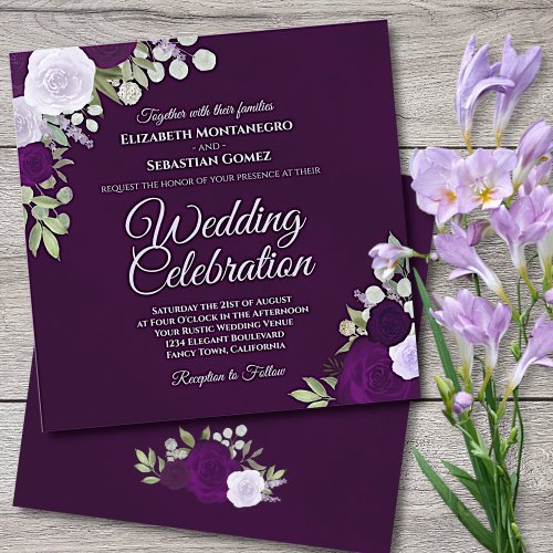Deep Purple Elegant Lavender  Plum Roses Wedding Invitation