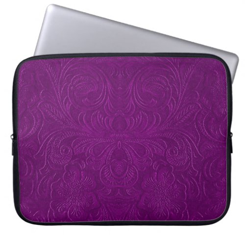 Deep Purple Embossed Flowers Suede Leather Look Laptop Sleeve