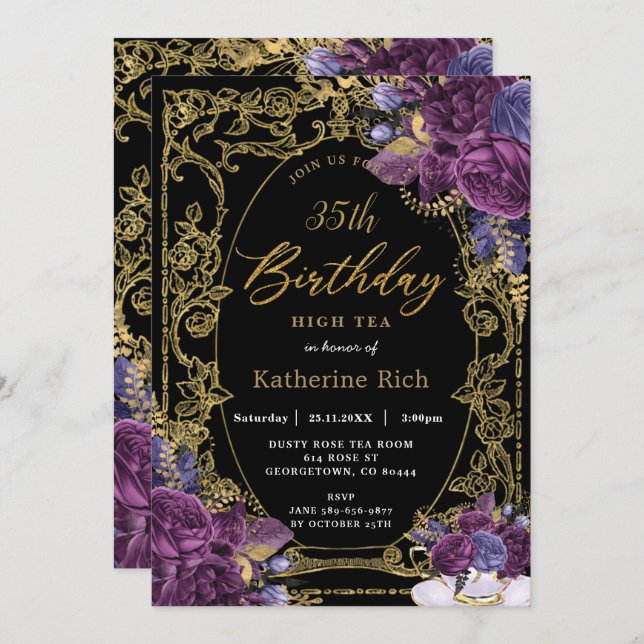 Deep Purple Floral Antique Gold Birthday Tea Party Invitation (Front/Back)