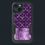 Deep Purple Floral Damask Metallic Texture iPhone 13 Case<br><div class="desc">Elegant purple and black floral lace damasks pattern with metallic texture accent. Customizable monogram.</div>