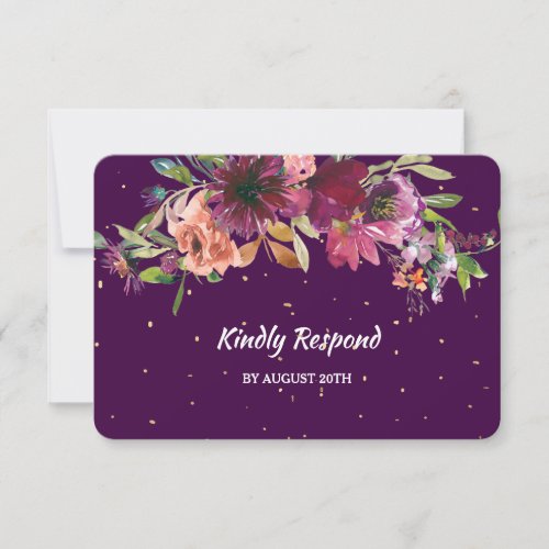 Deep Purple Floral Gold Confetti Menu Wedding RSVP