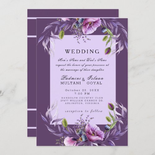 Deep Purple Floral Indian Style Wedding Invitation