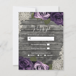 Deep Purple Floral Roses Rustic Lace Wedding RSVP Invitation