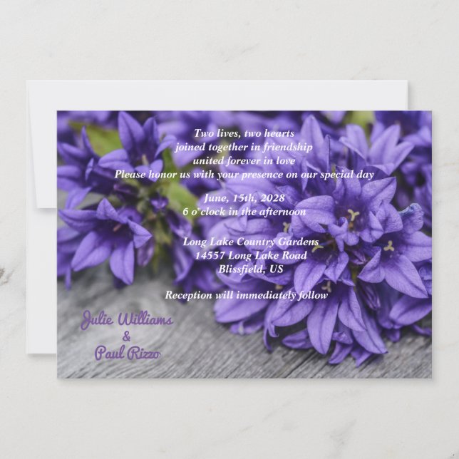 Deep Purple Flowers on Gray Wood Country Wedding Invitation (Front)
