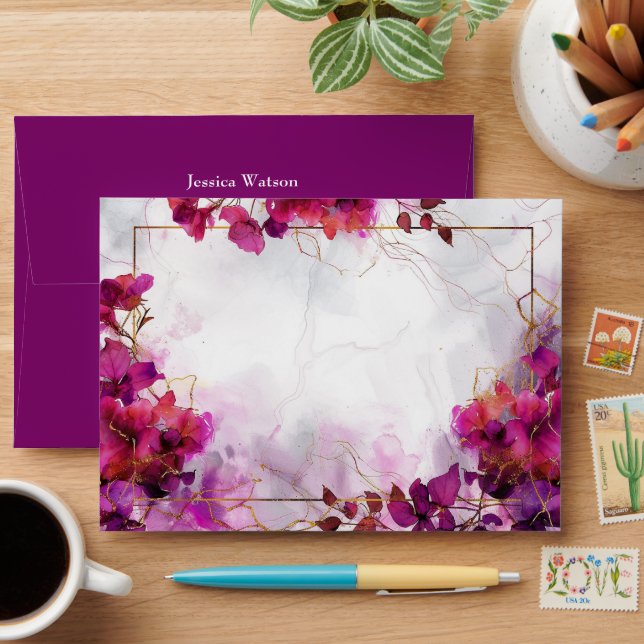 Deep purple Fuchsia Enchantment: Watercolor  Envelope (Desk)
