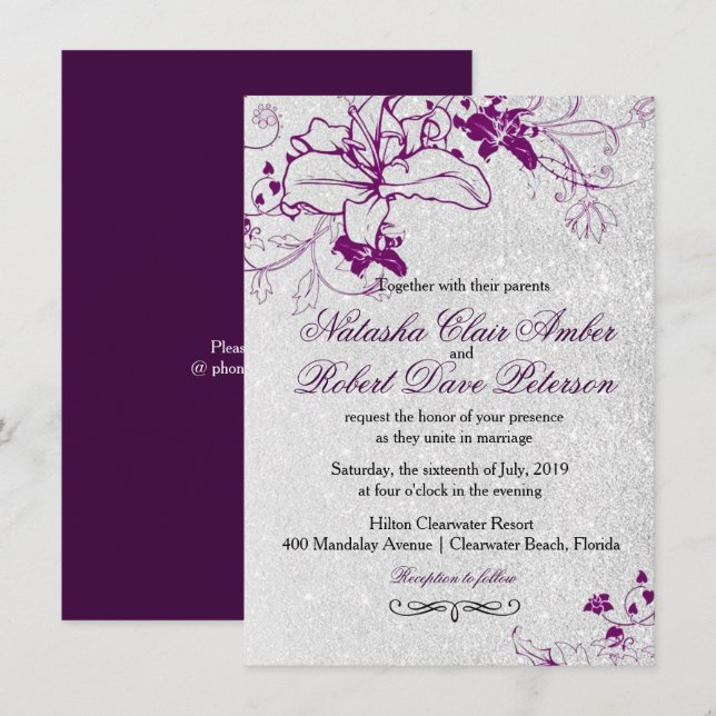 Deep Purple Glitter Silver Floral Wedding Invitation (Front/Back)