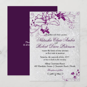 Deep Purple Glitter Silver Floral Wedding Invitation