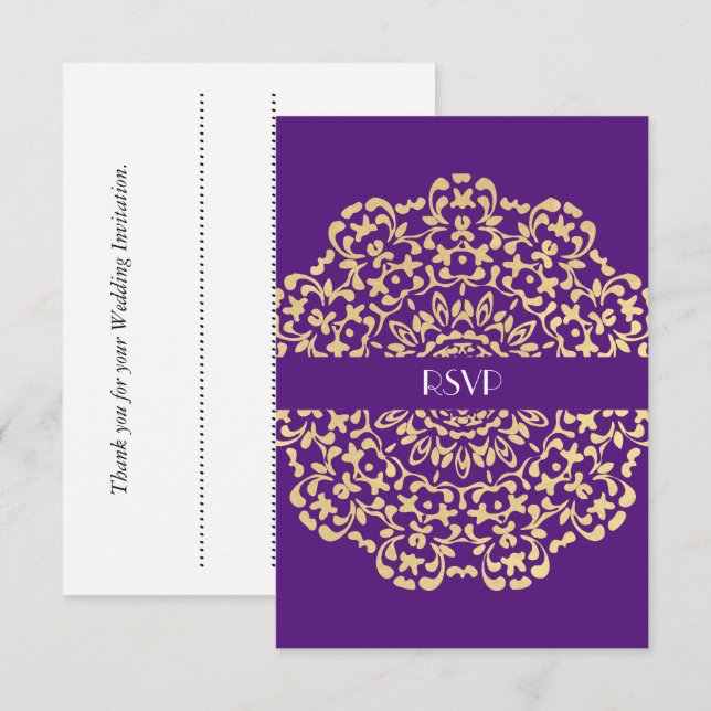 Deep Purple Gold Elegant Classy Lacy Wedding Invitation (Front/Back)