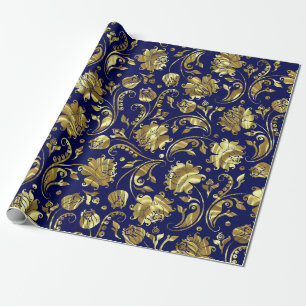 Deep Purple & Gold Floral Damasks Pattern Wrapping Paper